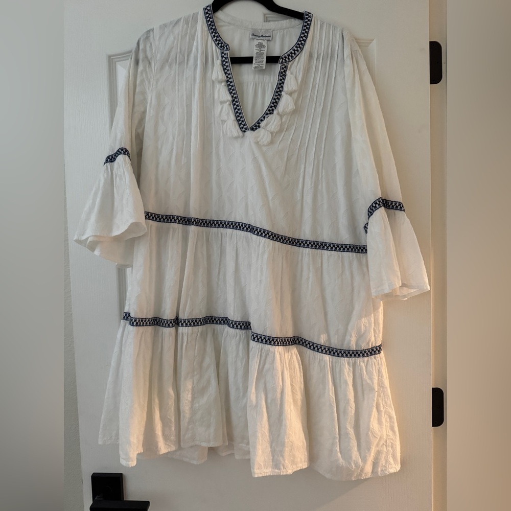 Tommy Bahama White Cotton Tassel Dress – Embroidered Boho Tunic – Size L